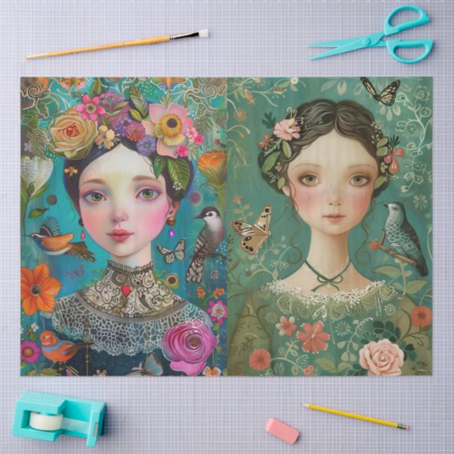 Elegant Girls Colourful Floral Decoupage Collage Tissue Paper (Craft)