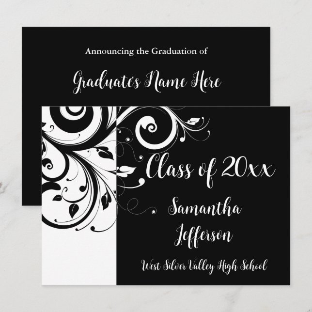Elegant Girls Graduation Announcements Black Swirl (Front/Back)