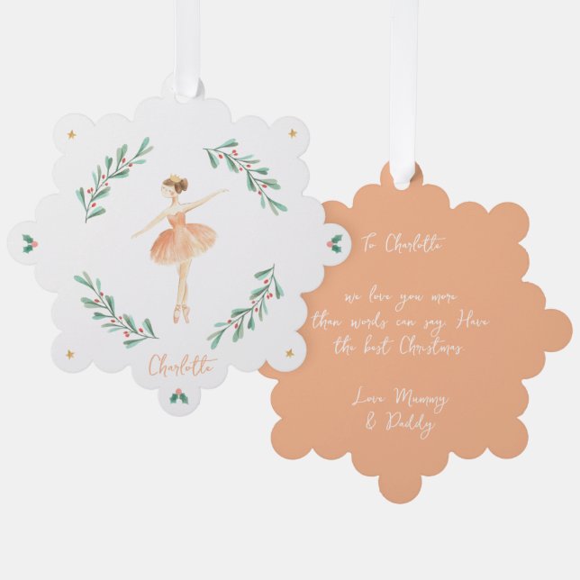 Elegant girly ballerina peach cute Christmas Tree Decoration Card (Front/Back)
