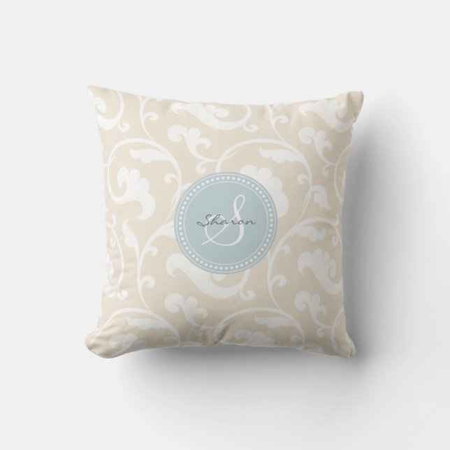 Elegant girly beige floral pattern monogram cushion (Front)