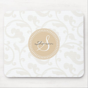 Elegant girly beige floral pattern monogram mouse mat