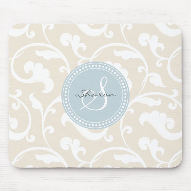 Elegant girly beige floral pattern monogram mouse mat (Front)