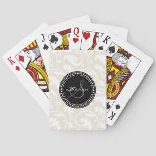 Elegant girly beige floral pattern monogram playing cards