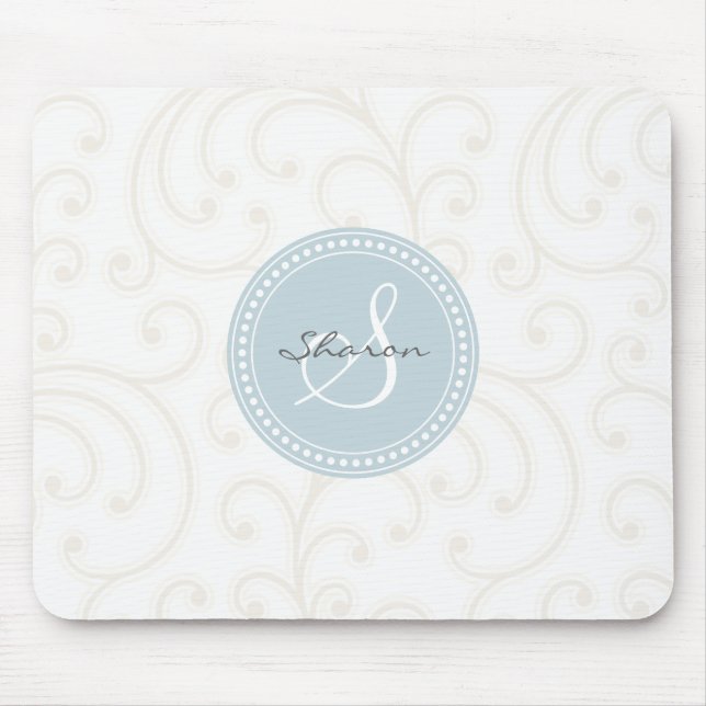 Elegant girly beige white floral pattern monogram mouse mat (Front)