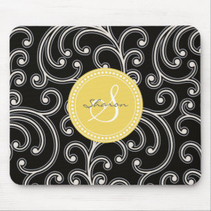Elegant girly black floral pattern monogram mouse mat