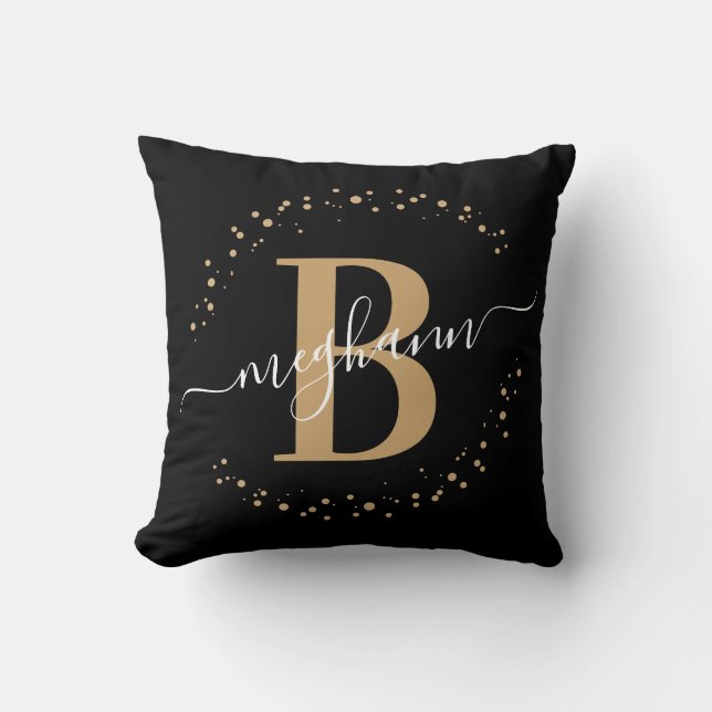 Elegant, Girly Black Gold Name Monogram Script Cushion (Front)