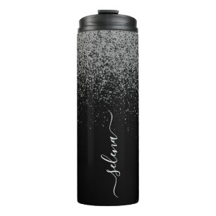 Elegant Girly Black Silver Glitter Monogrammed Thermal Tumbler