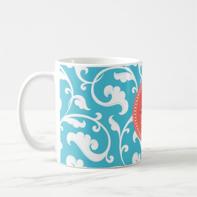 Elegant girly blue floral pattern monogram coffee mug (Left)
