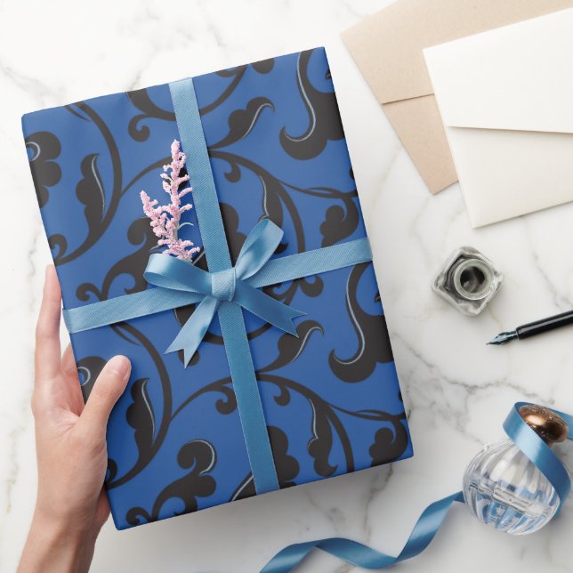 Elegant girly blue floral pattern monogram wrapping paper (Gifting)