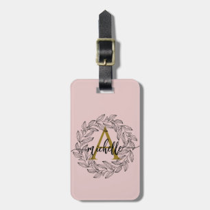 Elegant Girly Blush Pink FloralGold Monogram Name Luggage Tag