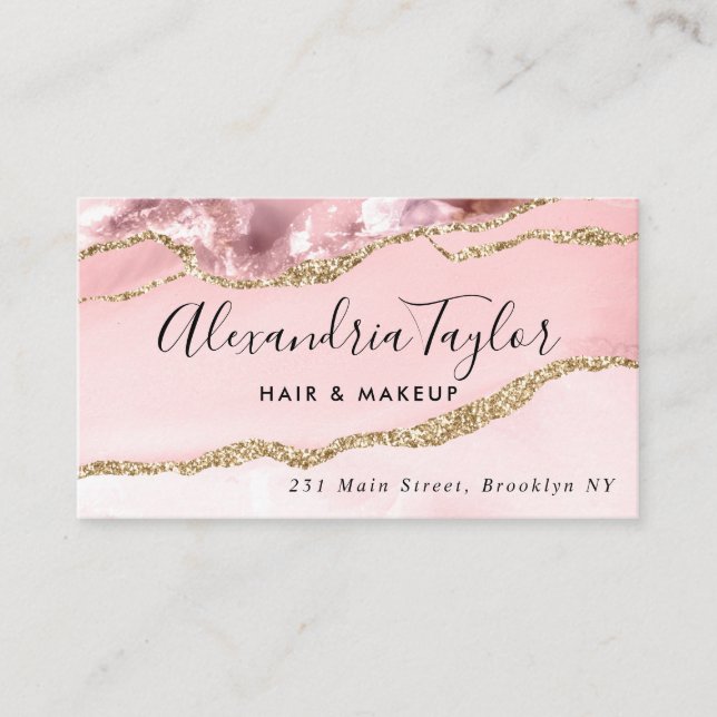 Elegant Girly Blush Pink Gold Glitter Marble Agate Business Card (Front)