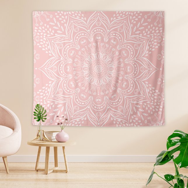 Elegant Girly Boho Light Pink Mandala Tapestry (Boho Light Pink Tapestry Elegant Mandala)