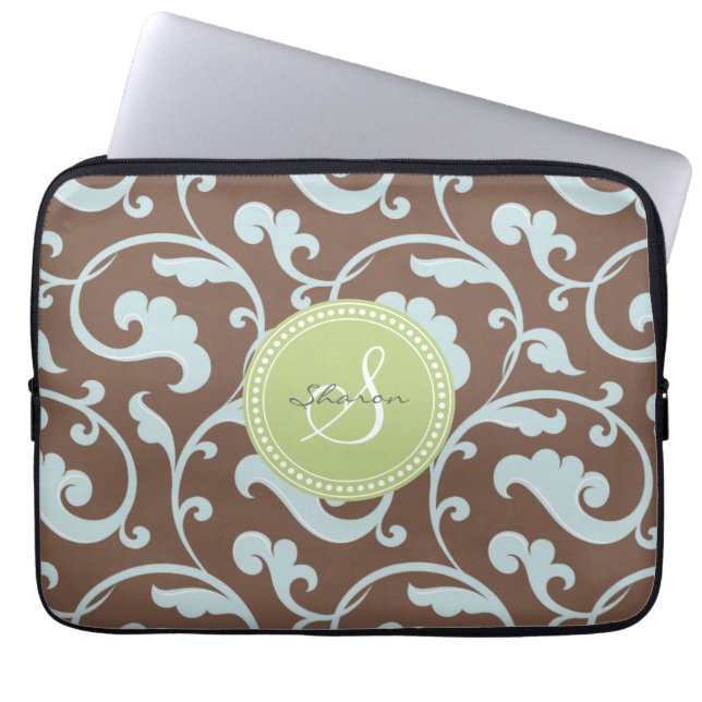 Elegant girly brown blue floral pattern monogram laptop sleeve (Front)