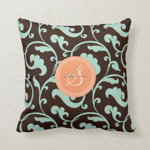 Elegant girly brown floral pattern monogram cushion