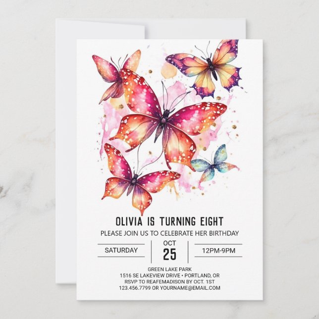 Elegant Girly Butterfly Girl Birthday Invitation (Front)