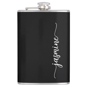 Elegant Girly Calligraphy Black Monogram Name Hip Flask