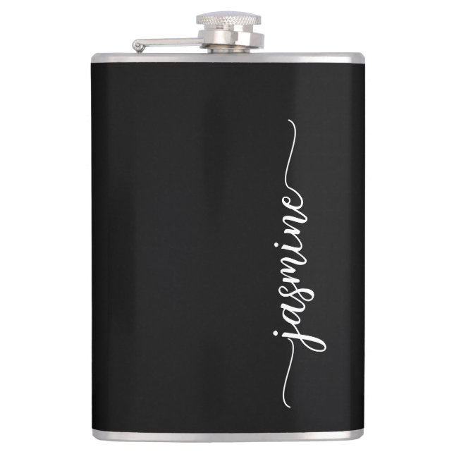 Elegant Girly Calligraphy Black Monogram Name Hip Flask (Front)