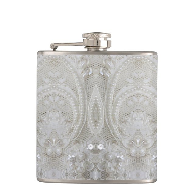 elegant girly chic grey cream beige white  floral hip flask (Front)