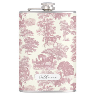 Elegant Girly Chic Pink Horse Toile Name Hip Flask
