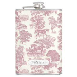 Elegant Girly Chic Pink Horse Toile Name Hip Flask