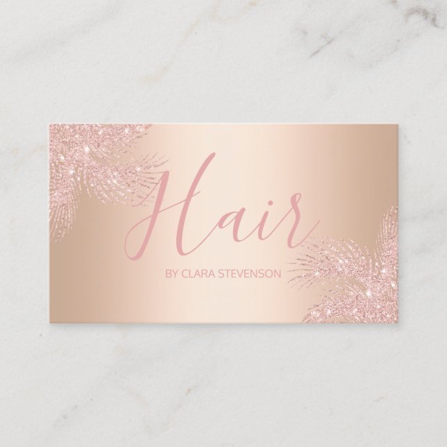 Elegant girly copper rose gold glitter palm hair business card (Front)