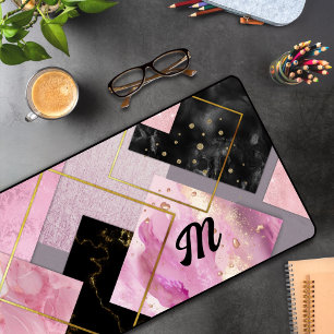 Elegant girly faux Glitter pink black geometric Desk Mat