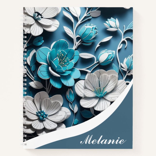 Elegant Girly Floral Blue Personalised Design  Notebook (Front)