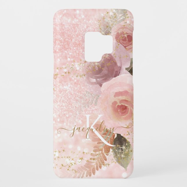 Elegant Girly Floral Pink Glitter Gold Stars Name Case-Mate Samsung Galaxy Case (Back)