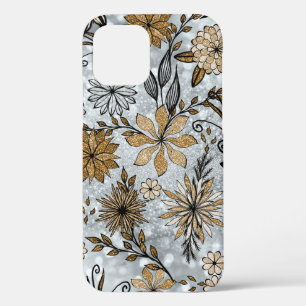 Elegant Girly Gold & Silver Glitter Floral Design iPhone 12 Case