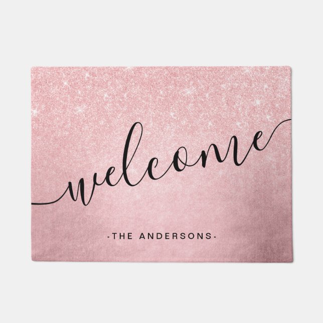 Elegant girly gradient pink rose gold glitter doormat (Front)