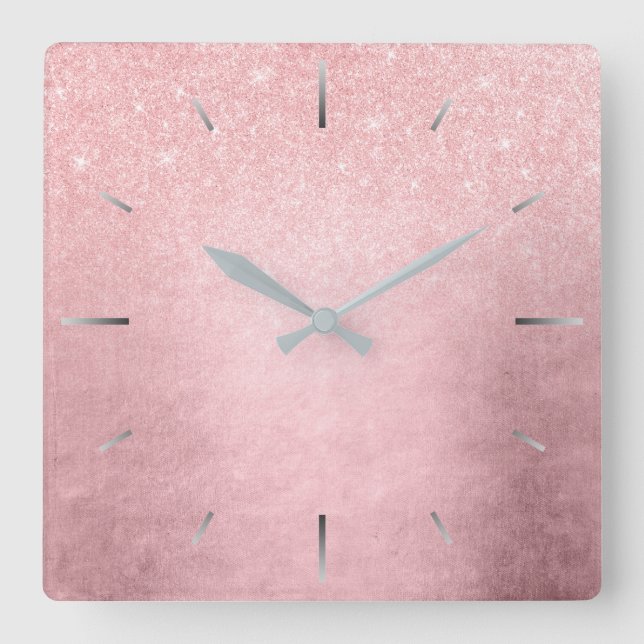 Elegant girly gradient pink rose gold glitter square wall clock (Front)