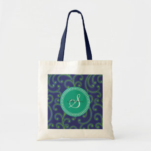 Elegant girly green blue floral pattern monogram tote bag