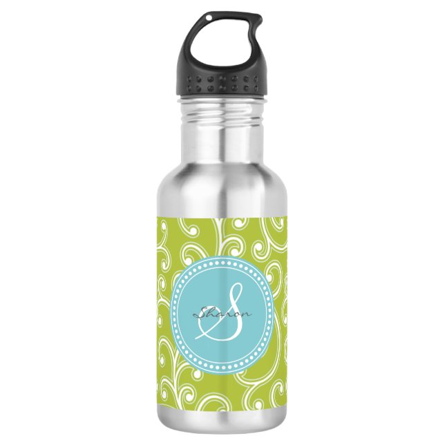 Elegant girly green floral pattern monogram 710 ml water bottle (Front)