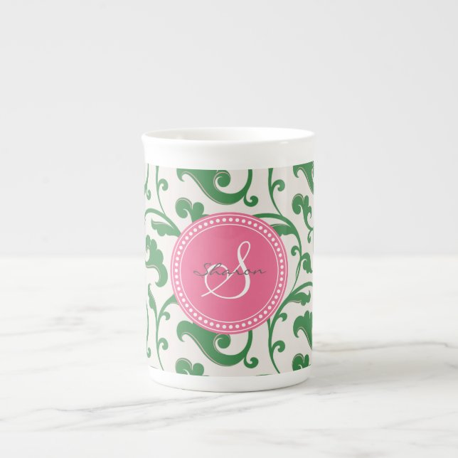 Elegant girly green floral pattern monogram bone china mug (Front)