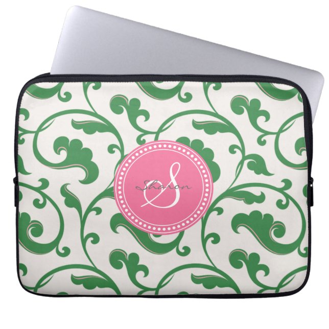 Elegant girly green floral pattern monogram laptop sleeve (Front)
