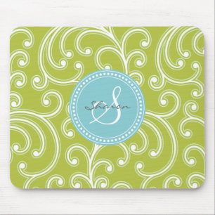 Elegant girly green floral pattern monogram mouse mat