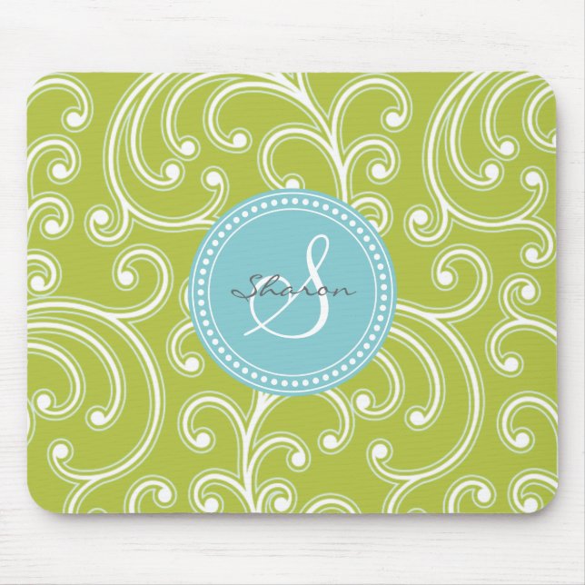 Elegant girly green floral pattern monogram mouse mat (Front)