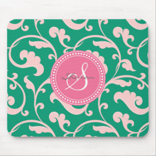 Elegant girly green pink floral pattern monogram mouse mat