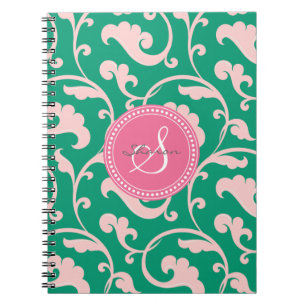 Elegant girly green pink floral pattern monogram notebook