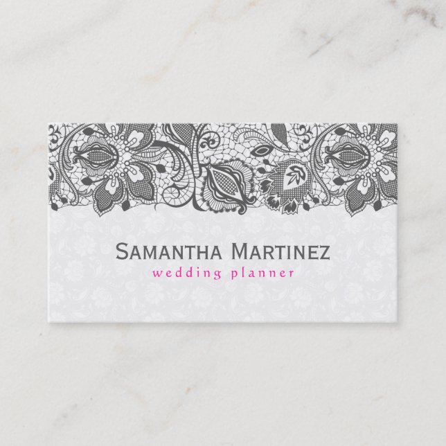 Elegant Girly Grey Lace Over White Damasks Business Card (Front)