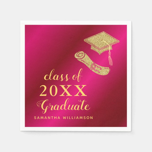 Elegant Girly Hot Pink and Gold 2025 Graduation Napkin (Front)