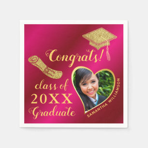 Elegant Girly Hot Pink Gold Photo 2023 Graduation Napkin