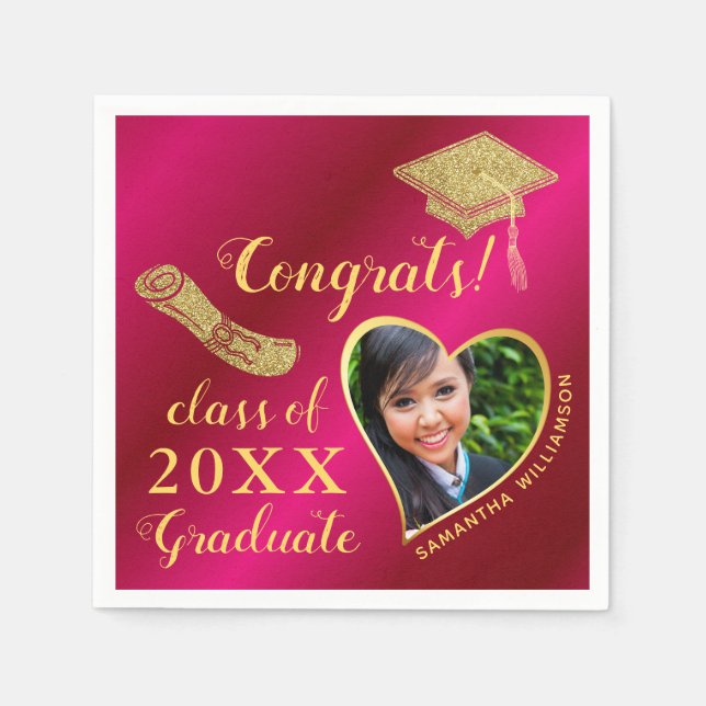 Elegant Girly Hot Pink Gold Photo 2025 Graduation Napkin (Front)
