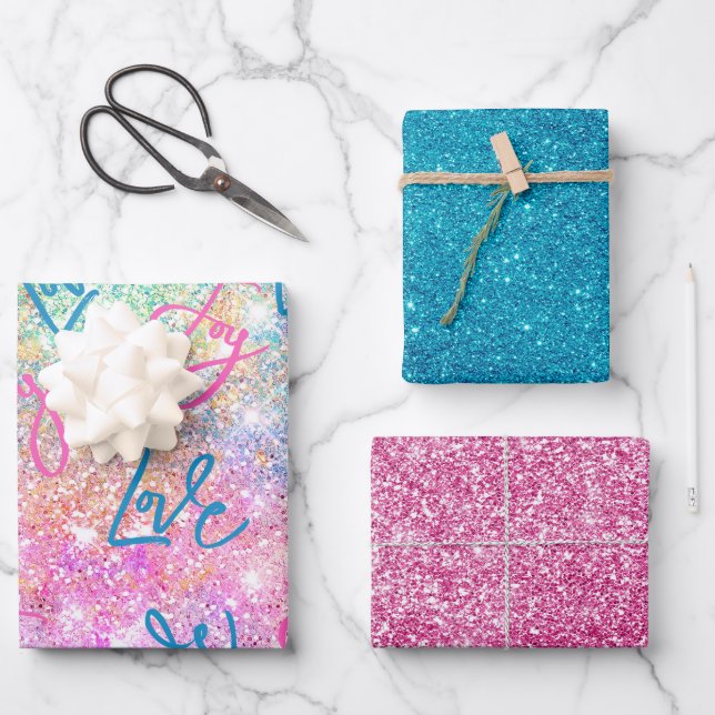 Elegant girly iridescent glitter unicorn rainbow  wrapping paper sheet (Front)