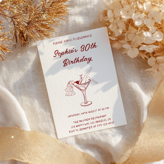 Elegant Girly Martini Red Cocktail 30th Birthday  Invitation (Creator Uploaded)