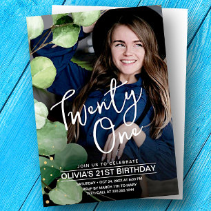 Elegant girly modern greenery 21st birthday photo invitation