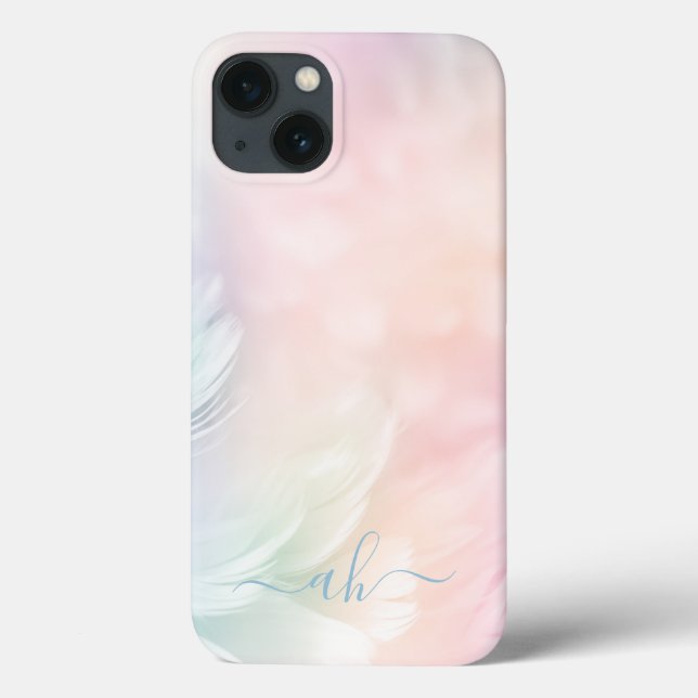 Elegant Girly Monogrammed Pastel Rainbow Feather Case-Mate iPhone Case (Back)
