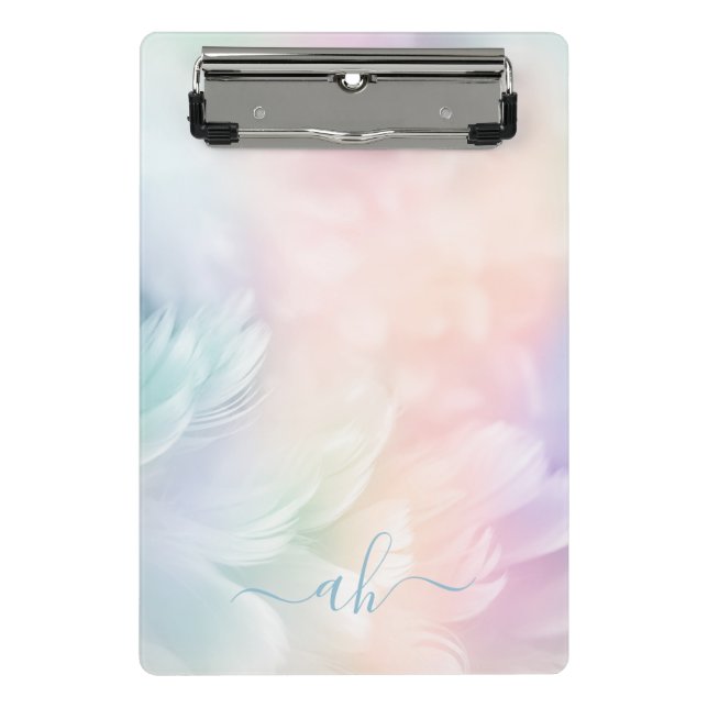 Elegant Girly Monogrammed Pastel Rainbow Feather Mini Clipboard (Front)