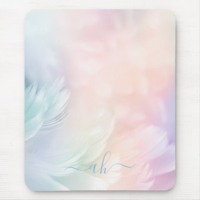 Elegant Girly Monogrammed Pastel Rainbow Feather Mouse Mat (Front)