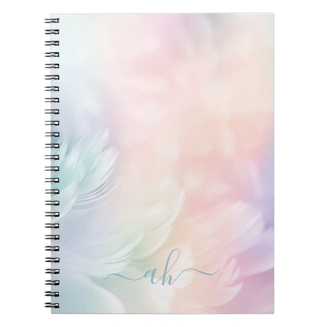 Elegant Girly Monogrammed Pastel Rainbow Feather Notebook (Front)